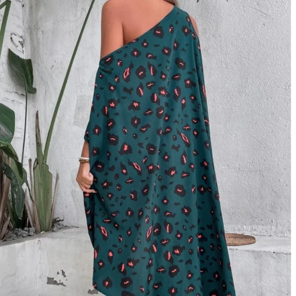 Dolman Sleeve Asymmetrical Neck animal Print Dip Hem Dress - Picture 6 of 6